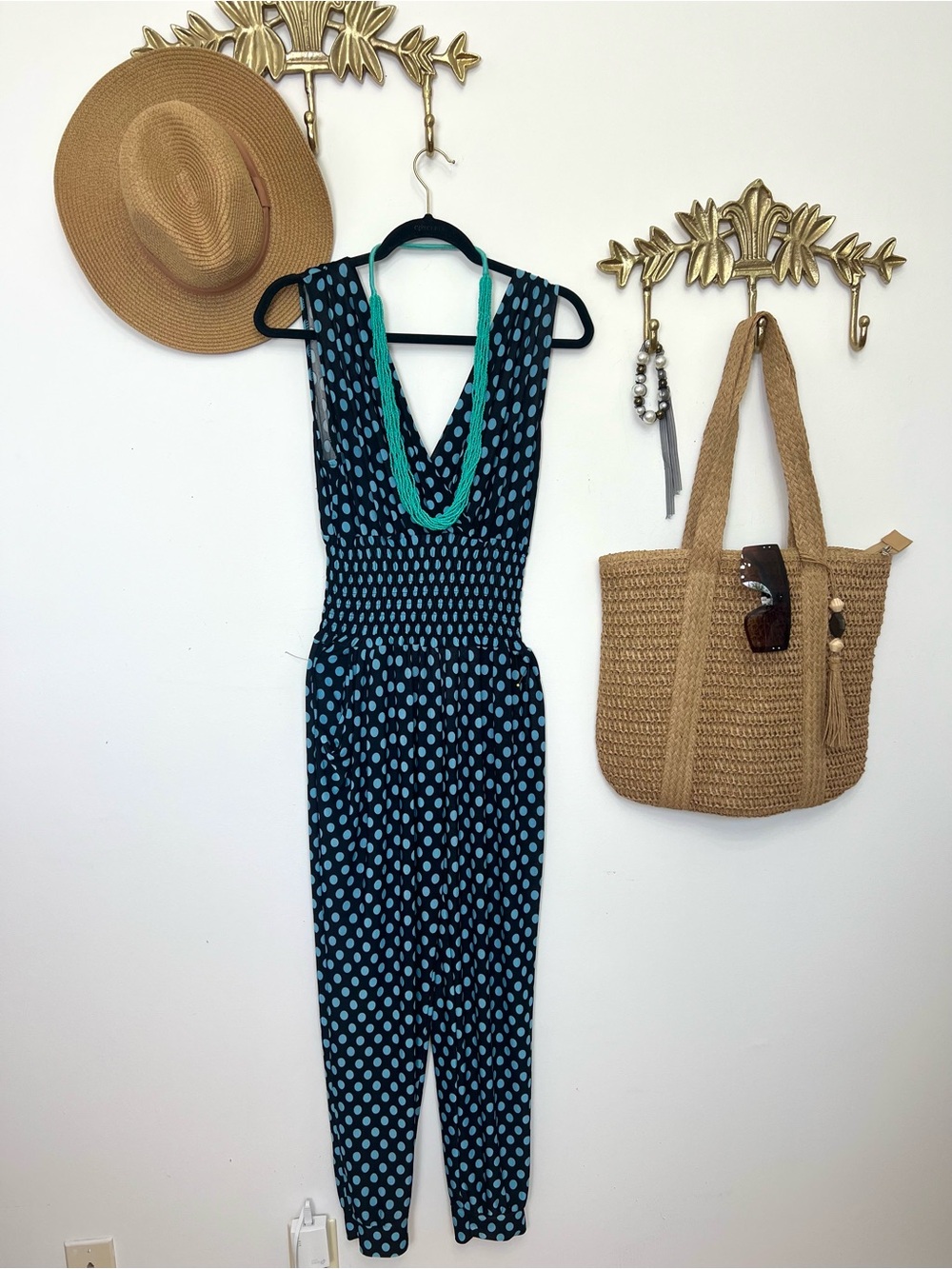 Polka Dot Sleeveless Jumpsuit in Teal & Black S/m ptp 19” l 55”